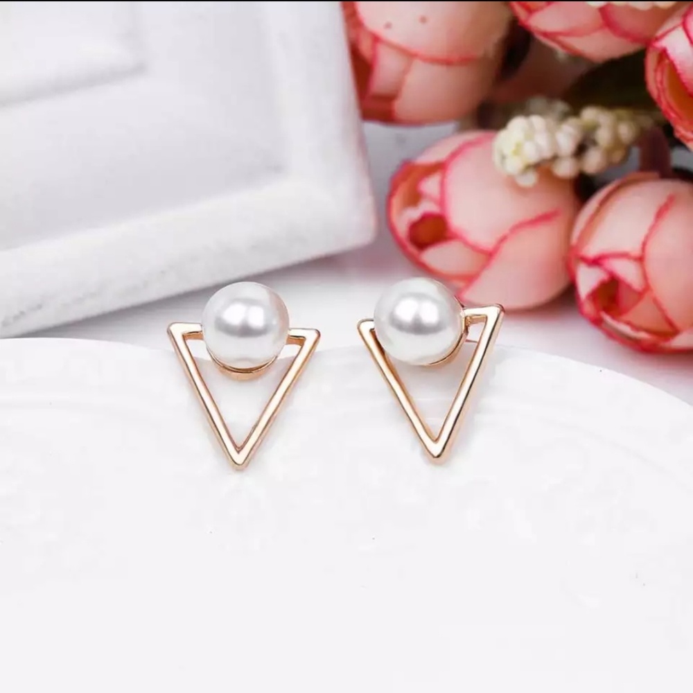 Geometric Gold Triangle Faux Pearl Earring Studs